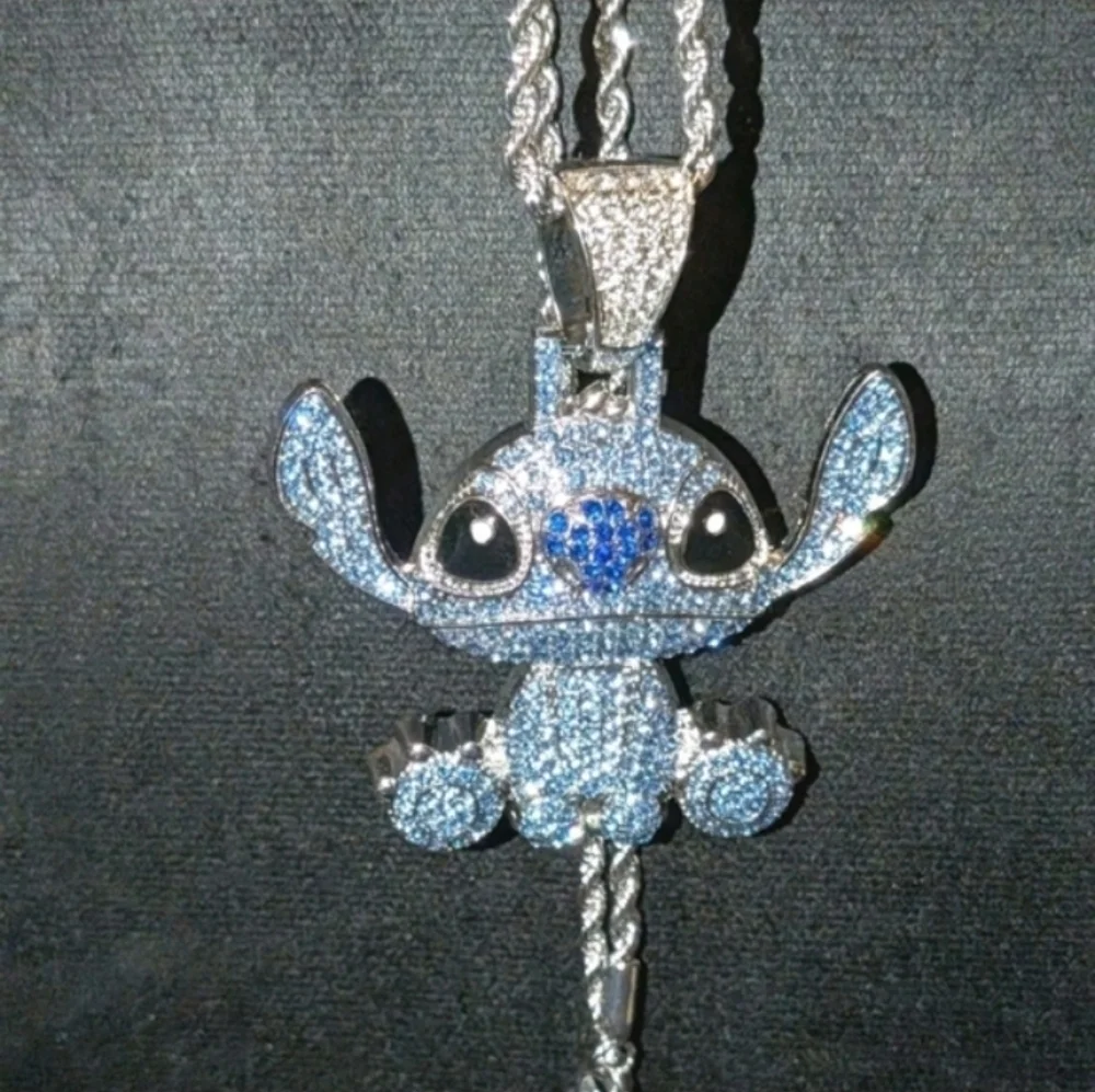 Stitch Character Rhinestone Pendant On Silver Tone Hip Hop Necklace 24